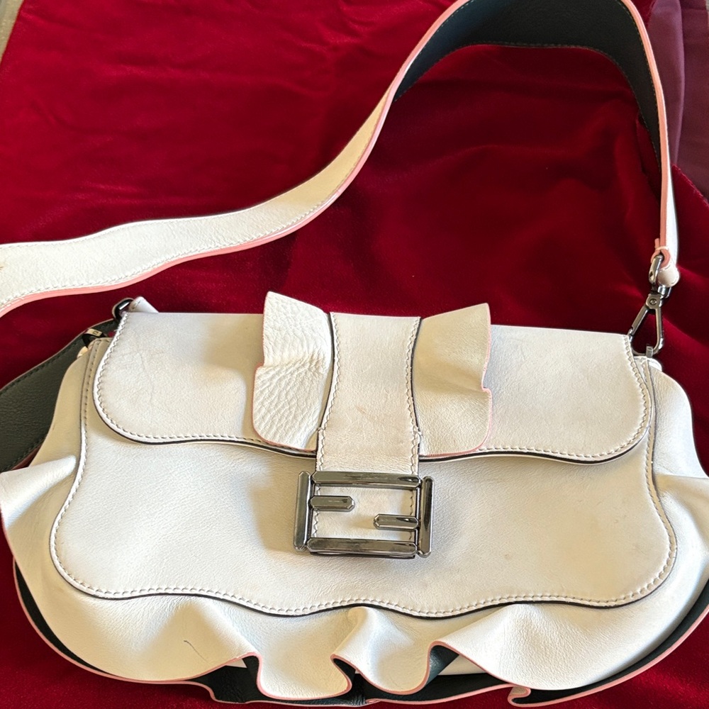 Fendi White Shoulder Bag with Ruffle Detail